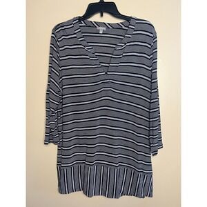T by Talbots Women's Navy White Striped Tunic Top Size 1X Ruffle Hem Soft Flowy